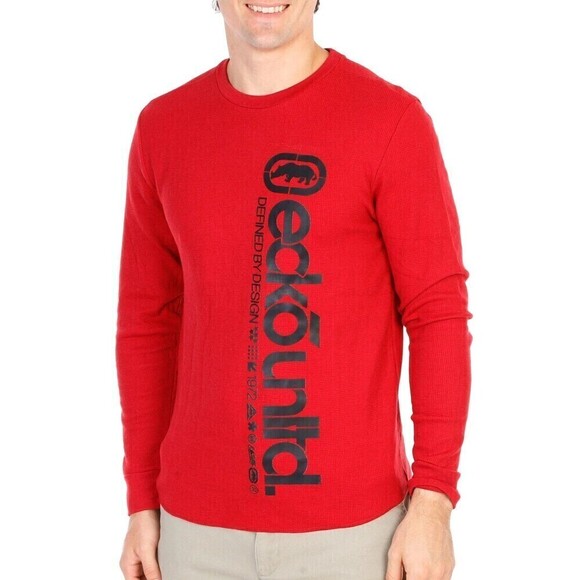 Ecko Unltd T Shirt Mens Medium Red Waffle Knit Thermal Long Sleeve Logo Crewneck - Picture 1 of 5